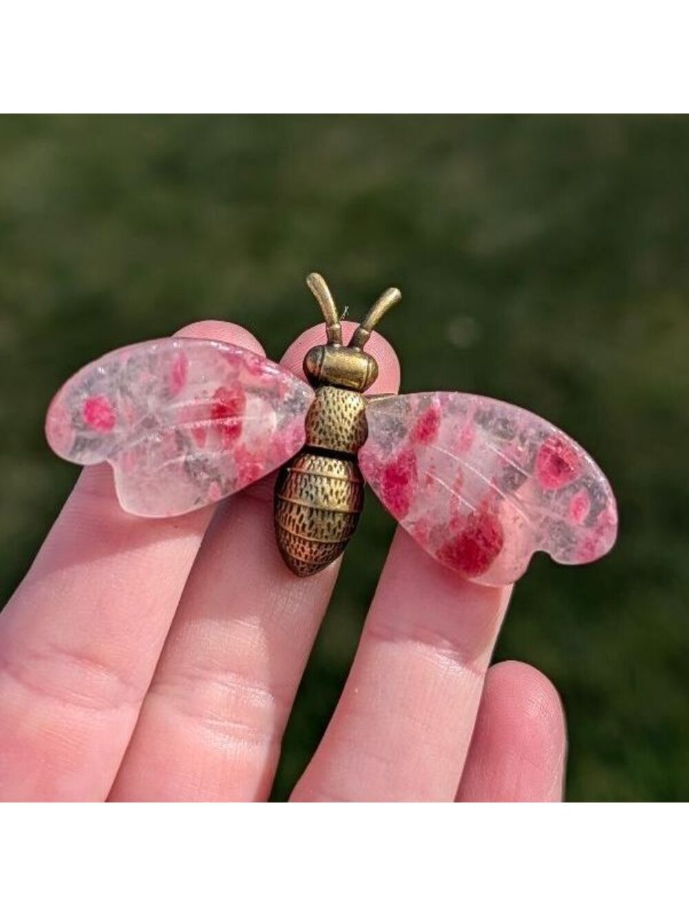 Icy Rhodonite Bee with Brass Body, 2.25" Crystal Wings